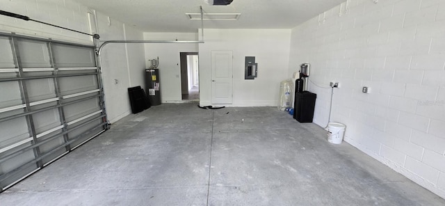 garage with electric panel, water heater, concrete block wall, and a garage door opener