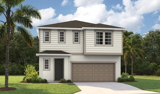 view of front of property featuring driveway, a garage, stucco siding, a front yard, and roof with shingles