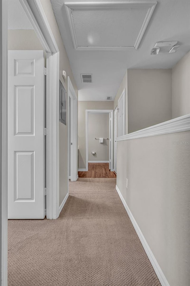 2614 Lodi Cir Unit 106, Kissimmee, FL 34746 - hallway with carpet flooring, baseboards, and attic access