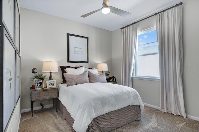 bedroom featuring carpet floors, baseboards, and ceiling fan