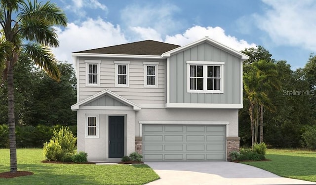 view of front of house with board and batten siding, driveway, a garage, a front yard, and stucco siding