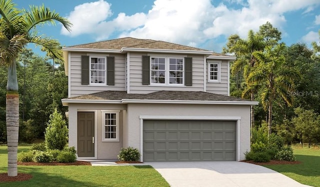 view of front of home with a garage, concrete driveway, a front lawn, roof with shingles, and stucco siding