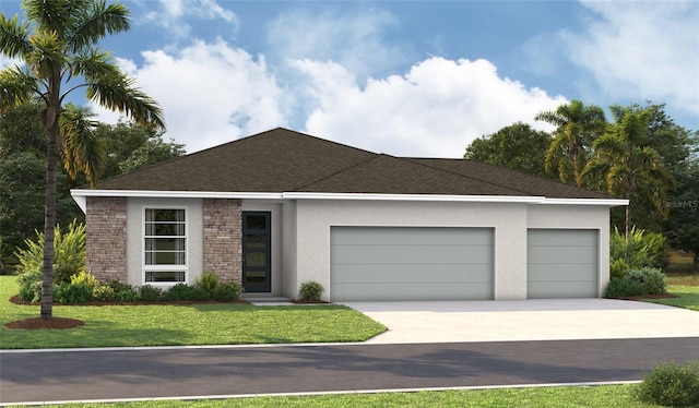 9253 Players Dr, Weeki Wachee, FL 34613 - view of front facade featuring stucco siding, an attached garage, stone siding, driveway, and a shingled roof