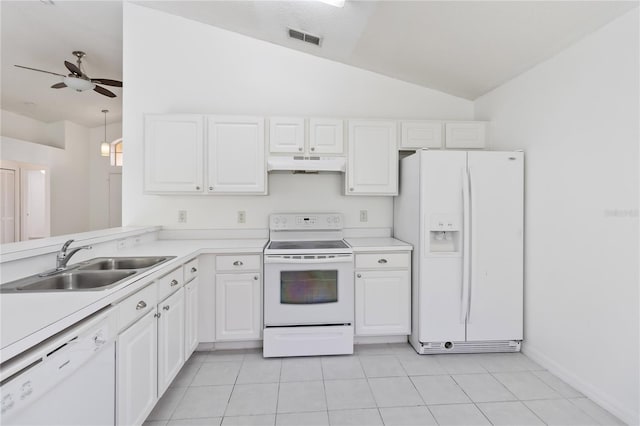 3370 Cypress Point Cir, Saint Cloud, FL 34772 - kitchen with white appliances, under cabinet range hood, a sink, white cabinets, and a ceiling fan