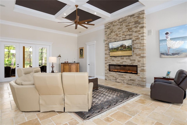 7 Spanish Moss Ct, Palm Coast, FL 32137 - living room featuring stone tile floors, a fireplace, coffered ceiling, beamed ceiling, and a ceiling fan