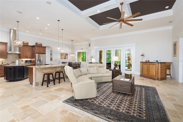 7 Spanish Moss Ct, Palm Coast, FL 32137 - living room featuring stone tile flooring, a ceiling fan, ornamental molding, coffered ceiling, and recessed lighting