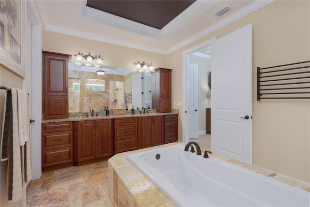 7 Spanish Moss Ct, Palm Coast, FL 32137 - full bathroom with double vanity, a bath, ornamental molding, a tile shower, and stone finish floors