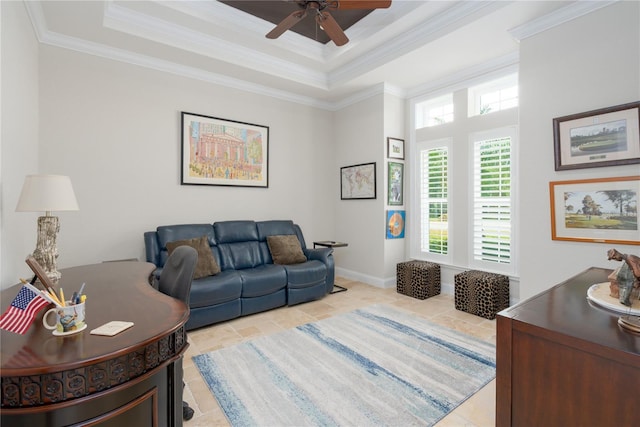 7 Spanish Moss Ct, Palm Coast, FL 32137 - living room with ceiling fan, a tray ceiling, ornamental molding, and light tile patterned floors