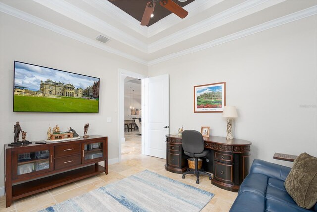 7 Spanish Moss Ct, Palm Coast, FL 32137 - office space featuring ceiling fan, crown molding, a tray ceiling, and light tile patterned floors