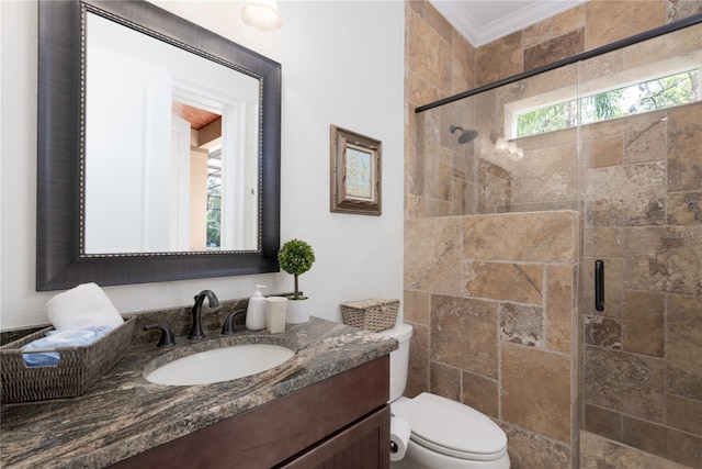 7 Spanish Moss Ct, Palm Coast, FL 32137 - full bathroom with toilet, a stall shower, vanity, and ornamental molding