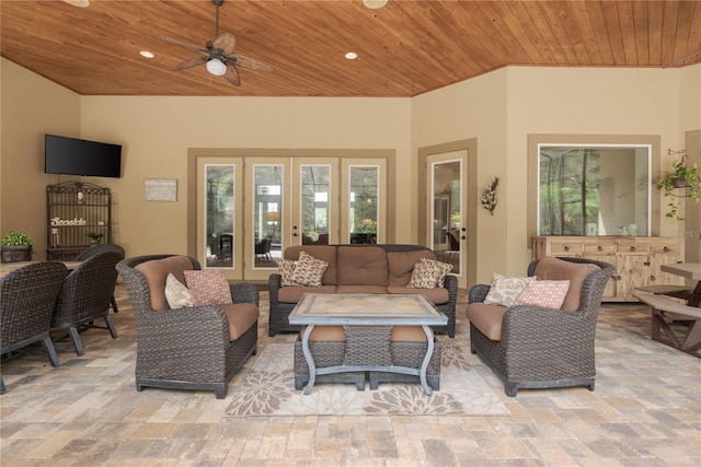 7 Spanish Moss Ct, Palm Coast, FL 32137 - living room with wood ceiling, a ceiling fan, french doors, and recessed lighting