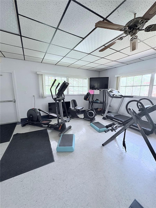 870 Virginia St Unit 108, Dunedin, FL 34698 - workout area with healthy amount of natural light, a paneled ceiling, and a ceiling fan