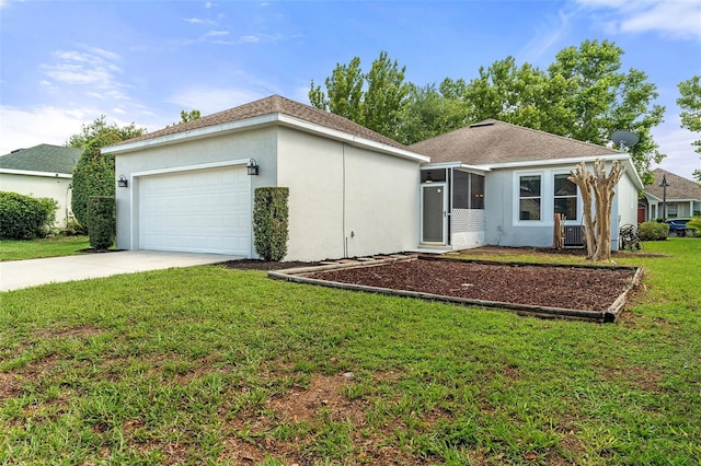 7013 Beargrass Rd, Harmony, FL 34773 - ranch-style home with a garage, driveway, stucco siding, a front lawn, and a sunroom