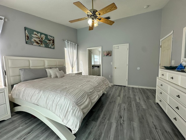 2410 Sweetwater Blvd, Saint Cloud, FL 34772 - bedroom with wood finished floors, baseboards, a ceiling fan, and high vaulted ceiling