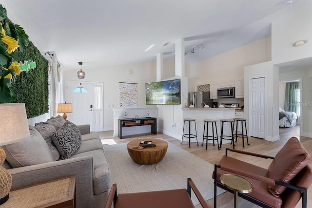 344 High Point Dr, Davenport, FL 33837 - living area featuring high vaulted ceiling, light wood-style flooring, baseboards, and rail lighting