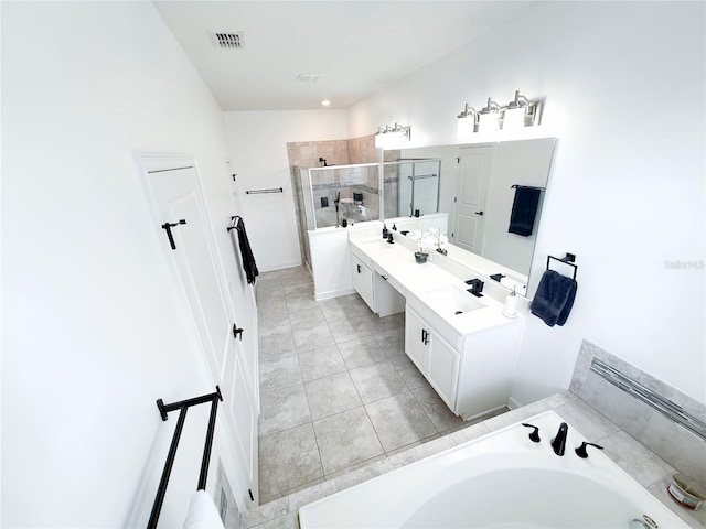 1508BUNKERDRIVE Bunker, Davenport, FL 33896 - bathroom featuring a bath, a stall shower, double vanity, and tile patterned flooring