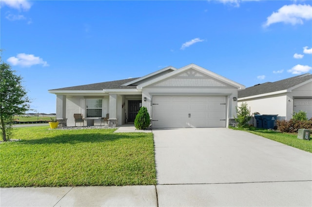 1524 Fleur Dr, Davenport, FL 33837 - ranch-style home with an attached garage, driveway, a front yard, and stucco siding