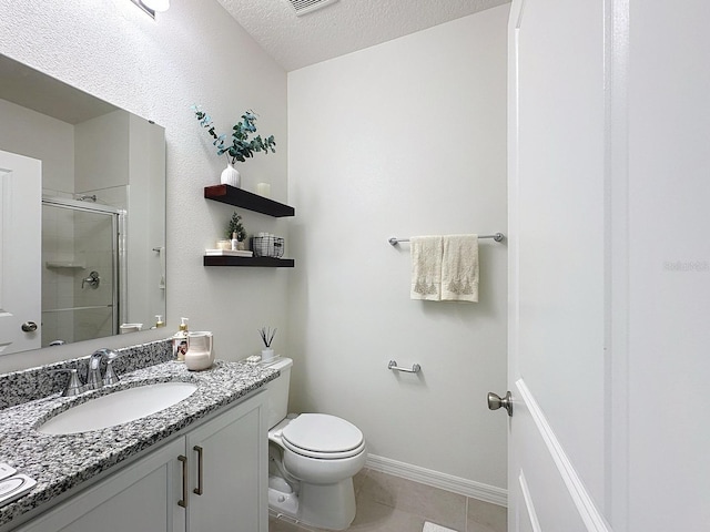 895 Overpool Ave, Davenport, FL 33896 - full bathroom featuring toilet, vanity, a tile shower, tile patterned floors, and a textured ceiling