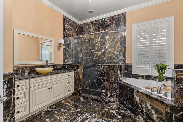 3349 Schoolhouse Rd, Harmony, FL 34773 - bathroom featuring marble tiled flooring, a marble finish shower, crown molding, vanity, and a garden tub