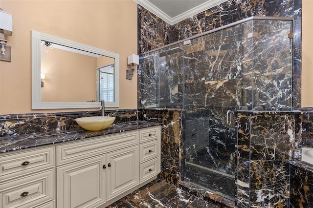 3349 Schoolhouse Rd, Harmony, FL 34773 - full bathroom with ornamental molding, marble look tiles, a marble finish shower, vanity, and a tub to relax in