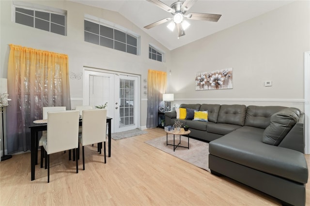 2507 Talega Dr, Saint Cloud, FL 34772 - living room featuring french doors, high vaulted ceiling, wood finished floors, and ceiling fan