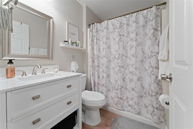 2507 Talega Dr, Saint Cloud, FL 34772 - full bath featuring toilet, vanity, wood finished floors, and a shower with curtain