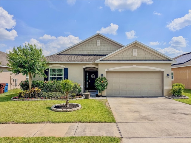 810 Jefferson Blvd, Haines City, FL 33844 - view of front of house featuring driveway, stucco siding, an attached garage, a front yard, and a shingled roof