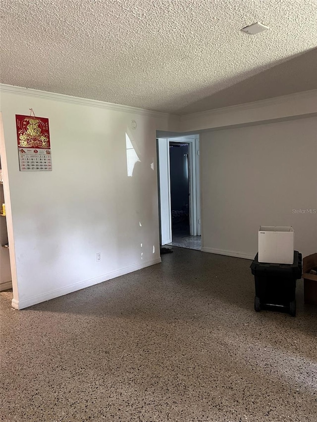 1009 Kenmore Dr, Brandon, FL 33510 - spare room featuring speckle patterned floor, a textured ceiling, baseboards, and ornamental molding