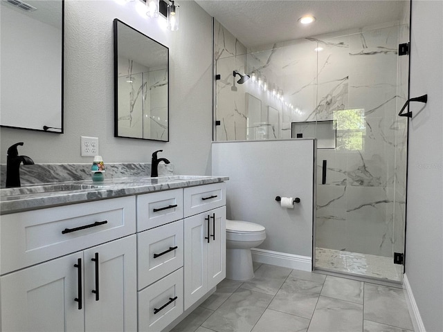 814 Gator Ln, Deltona, FL 32738 - full bathroom with marble look tiles, double vanity, a marble finish shower, toilet, and baseboards