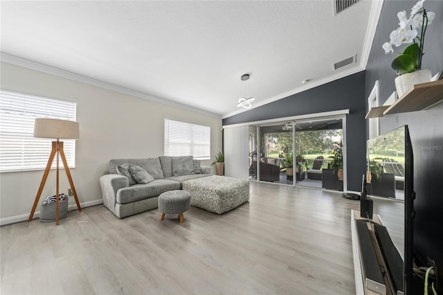 12041 Kajetan Ln, Orlando, FL 32827 - living area featuring vaulted ceiling, plenty of natural light, crown molding, wood finished floors, and baseboards