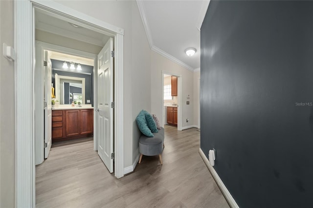 12041 Kajetan Ln, Orlando, FL 32827 - corridor with ornamental molding, light wood-type flooring, baseboards, and healthy amount of natural light