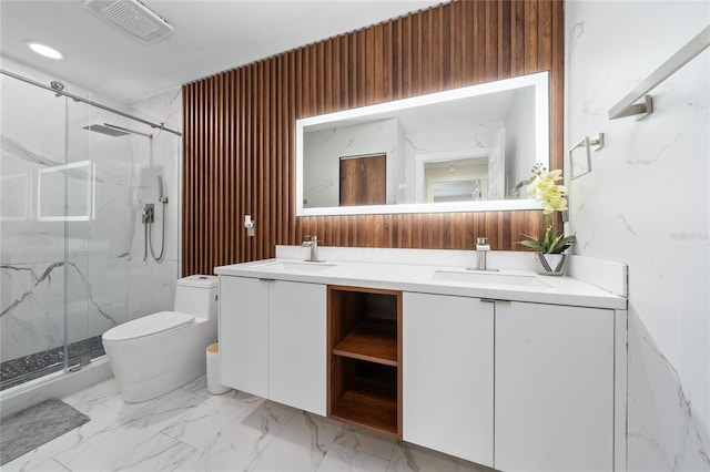 12041 Kajetan Ln, Orlando, FL 32827 - bathroom featuring toilet, a marble finish shower, double vanity, and marble finish floors