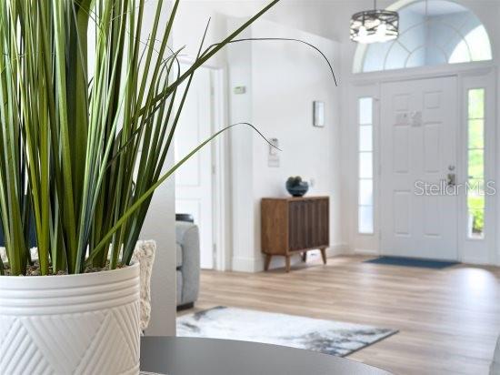 252 Barbera Dr, Davenport, FL 33897 - entryway with light wood-type flooring, a chandelier, and baseboards