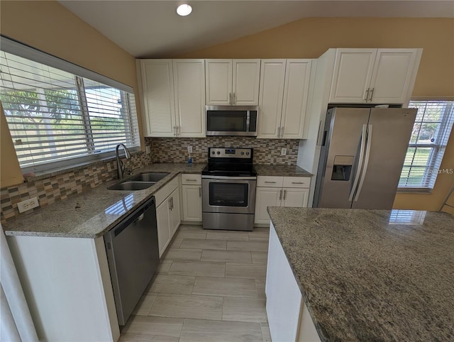 13940 Corrine Key Pl, Orlando, FL 32824 - kitchen with stainless steel appliances, a sink, lofted ceiling, stone counters, and white cabinets