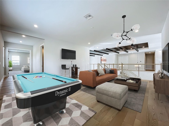 15121 Pendio Dr, Montverde, FL 34756 - playroom featuring a chandelier, recessed lighting, pool table, wood finished floors, and baseboards