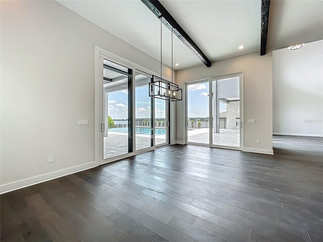 15121 Pendio Dr, Montverde, FL 34756 - empty room featuring beam ceiling, baseboards, dark wood-style flooring, a chandelier, and recessed lighting