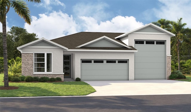 9021 Players Dr, Weeki Wachee, FL 34613 - view of front of property featuring a garage, stucco siding, driveway, a front lawn, and roof with shingles