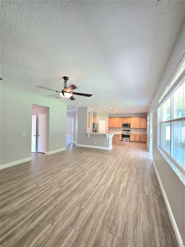 5704 Ansley Way, Mount Dora, FL 32757 - unfurnished living room with light wood-style floors, baseboards, ceiling fan, and a textured ceiling