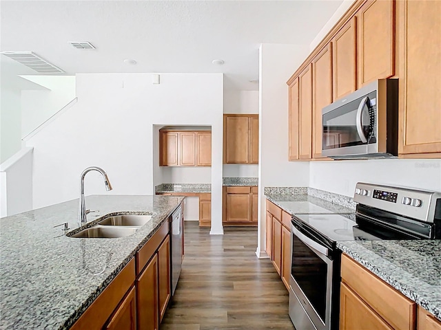 11037 Bagley Aly, Windermere, FL 34786 - kitchen featuring stainless steel appliances, a sink, light stone countertops, and dark wood-style floors