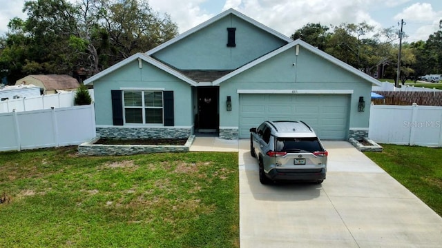 6315 Hillview Rd, Spring Hill, FL 34606 - ranch-style house with driveway, stone siding, a garage, and stucco siding