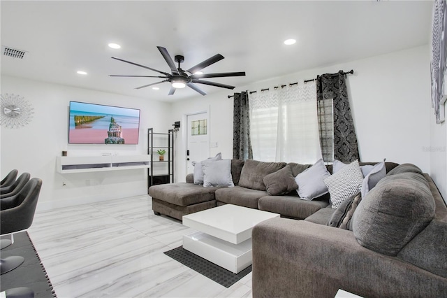 416 E Seminole Ave, Lake Wales, FL 33853 - living room featuring recessed lighting, ceiling fan, and baseboards