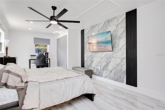 416 E Seminole Ave, Lake Wales, FL 33853 - bedroom with attic access, recessed lighting, an accent wall, a desk, and a ceiling fan