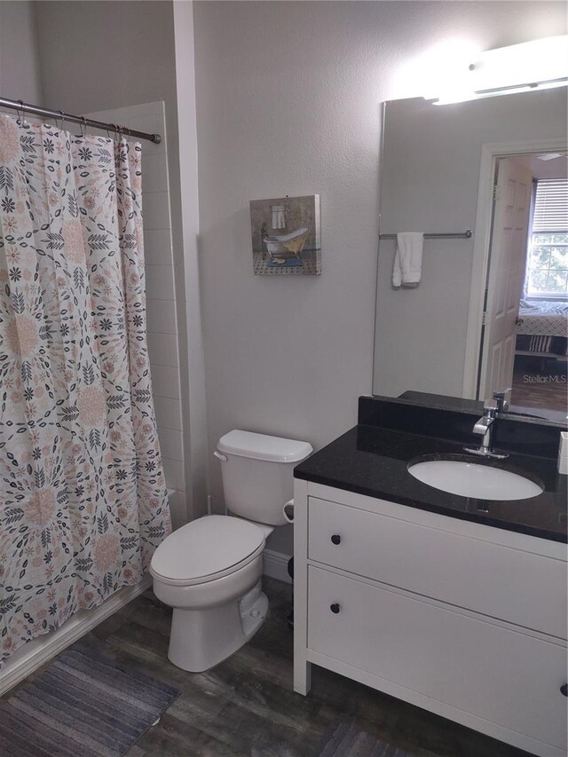 8101 Coconut Palm Way Unit 303, Kissimmee, FL 34747 - bathroom with wood finished floors, toilet, vanity, a shower with curtain, and baseboards