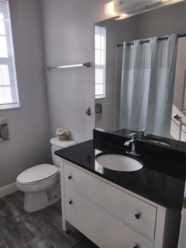 8101 Coconut Palm Way Unit 303, Kissimmee, FL 34747 - bathroom with toilet, vanity, wood finished floors, and curtained shower