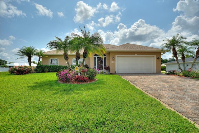 4236 Lakewood Rd, Sebring, FL 33875 - view of front of house with stucco siding, decorative driveway, a garage, and a front lawn