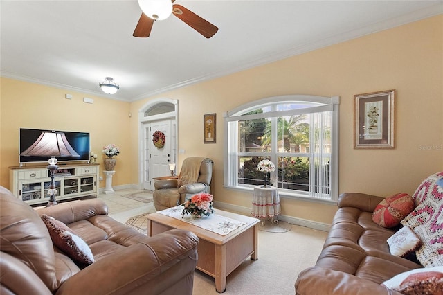 4236 Lakewood Rd, Sebring, FL 33875 - living room featuring crown molding, a ceiling fan, and baseboards