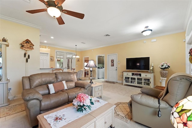 4236 Lakewood Rd, Sebring, FL 33875 - living room with ornamental molding, a ceiling fan, light tile patterned floors, baseboards, and recessed lighting