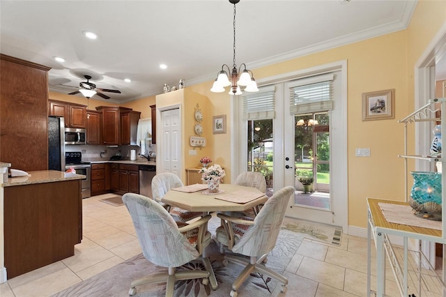 4236 Lakewood Rd, Sebring, FL 33875 - dining space featuring a chandelier, recessed lighting, crown molding, light tile patterned floors, and a ceiling fan