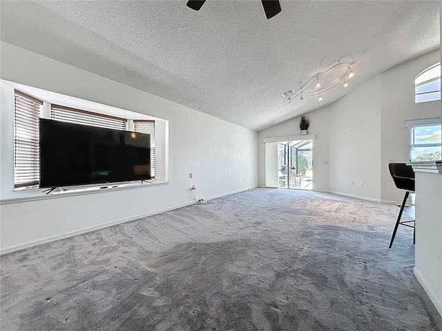 1428 Park Pl, Haines City, FL 33844 - unfurnished living room with carpet, vaulted ceiling, a textured ceiling, and ceiling fan