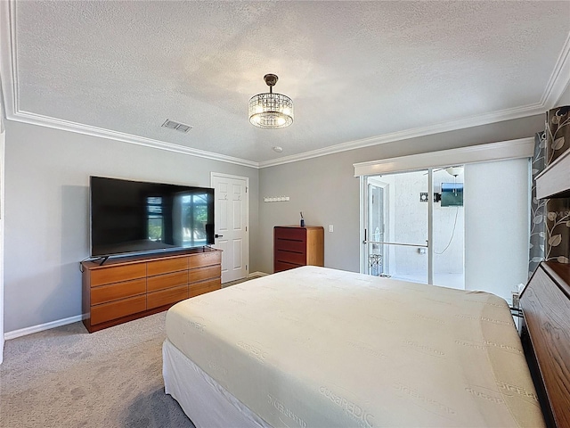1428 Park Pl, Haines City, FL 33844 - carpeted bedroom with a textured ceiling, crown molding, and a chandelier